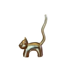 VTG Brass Cat Rhinestone Eyes Gold Tone Ring Holder or Figurine 3.5" Stands